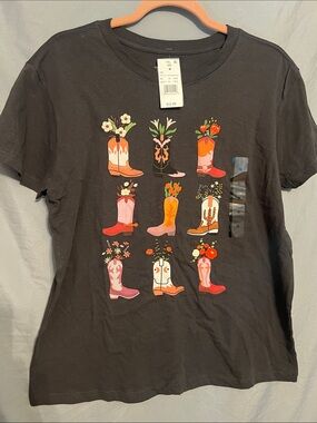 Black Tee with Colorful Floral Boot Motif
